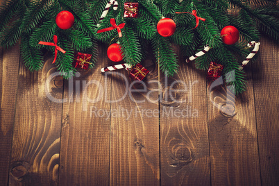 Christmas Decoration Over Wooden Background. Vintage