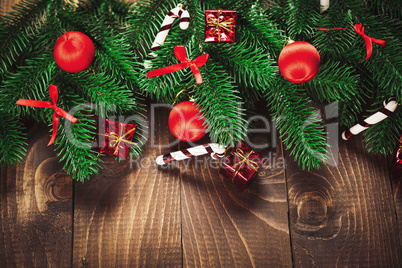 Christmas Decoration Over Wooden Background. Vintage