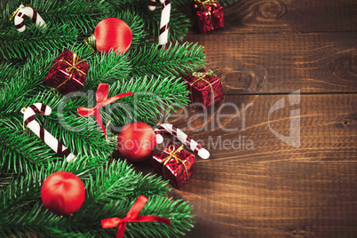 Christmas Decoration Over Wooden Background. Vintage