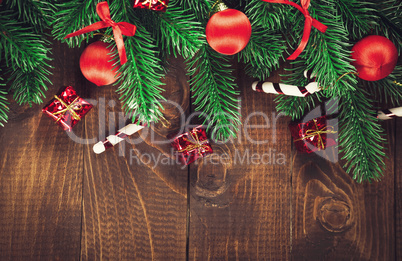 Christmas Decoration Over Wooden Background. Vintage