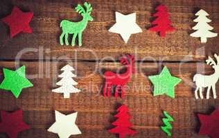 Christmas decoration on the wood background. Collection of xmas miniatures.