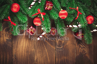 Christmas Decoration Over Wooden Background. Vintage