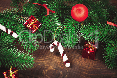 Christmas Decoration Over Wooden Background. Vintage