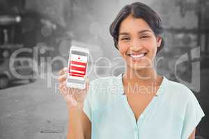 Composite image of businesswoman showing mobile phone over white