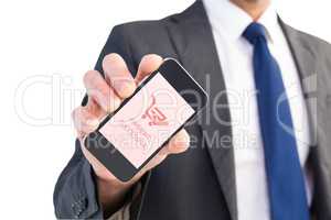 Composite image of businessman showing his smartphone screen