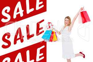 Composite image of elegant blonde with shopping bags and gifts