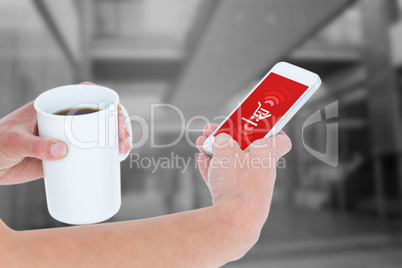 Composite image of woman using smartphone while holding coffee