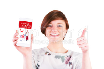 Composite image of happy woman gesturing thumbs up while showing