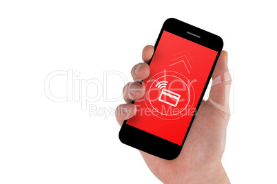 Composite image of cropped hand showing phone screen