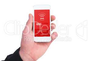 Composite image of hand of businessman holding smart phones