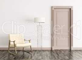 Interior with door and rocking chair 3d rendering