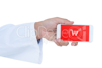 Composite image of male doctor holding smart phone with blank sc