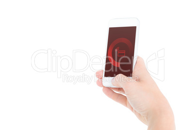 Composite image of woman showing smartphone