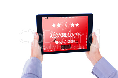 Composite image of cropped hand of man holding digital tablet