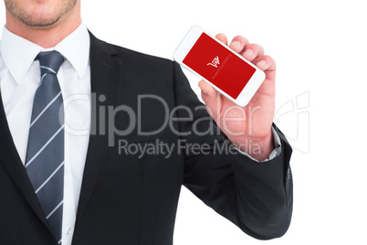 Composite image of businessman showing his smartphone screen