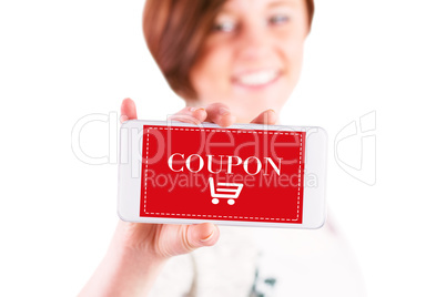 Composite image of smiling woman showing phone screen