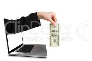 Composite image of businesswomans hand holding hundred dollar bi