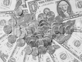 Black and white Dollar coins and notes