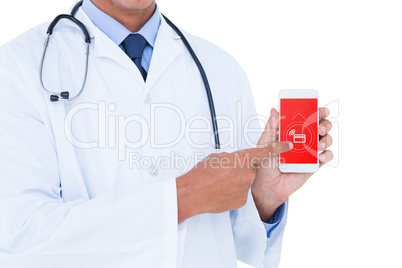 Composite image of midsection of male doctor pointing on mobile