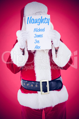 Composite image of santa claus presenting card