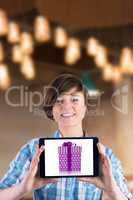 Composite image of smiling woman showing digital tablet with bla