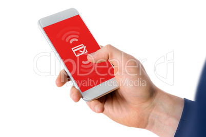 Composite image of businessman using mobile phone over white bac