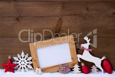 Red Christmas Card On Snow, Copy Space, Reindeer And Ball