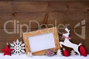 Red Christmas Card On Snow, Copy Space, Reindeer And Ball