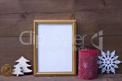 Frame With Candle And Christmas Decoration, Copy Space