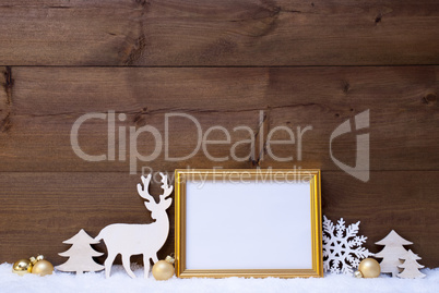 White And Golden Christmas Card On Snow With Copy Space