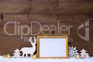 White And Golden Christmas Card On Snow With Copy Space