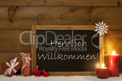 Festive Christmas Card, Blackboard, Snow,Willkommen Mean Welcome