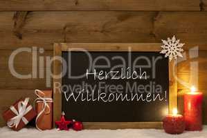 Festive Christmas Card, Blackboard, Snow,Willkommen Mean Welcome
