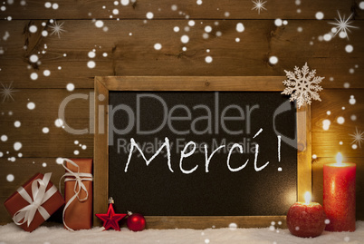 Christmas Card, Blackboard, Snowflakes, Merci Mean Thank You