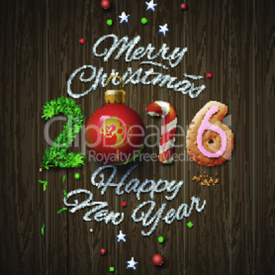 Merry Christmas and Happy New Year 2016 greeting card, vector illustration.