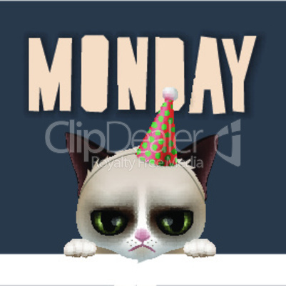 Monday morning with cute grumpy cat, vector illustration.