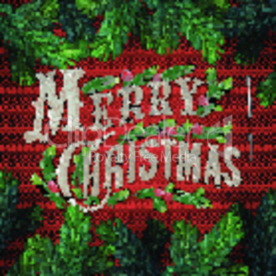 Embroidered Merry Christmas card, lettering on red background, vector illustration.
