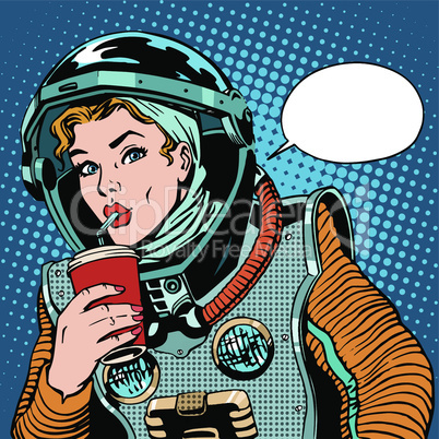 Female astronaut drinking soda