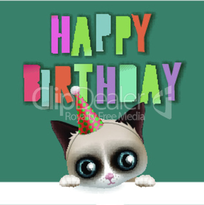 Cute happy birthday card with fun grumpy cat, hipster design, vector illustration.