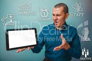 man points to the tablet with a clean screen in his hand and ope
