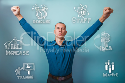 man raised his hands up looking forward to the business clothes