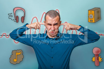 businessman man put his fingers in his ears and winced sound wav