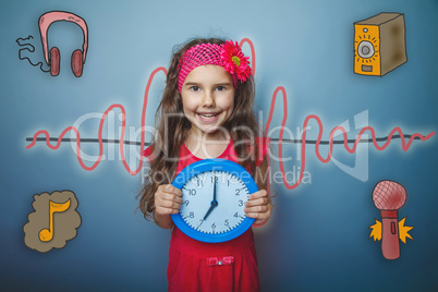 girl holding a clock and smiling sound wave music radio sketch s