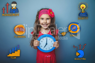 girl holding a watch and laugh a collection of business icons ma
