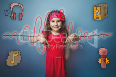 girl in a pink dress shows thumbs down symbol of the sound wave
