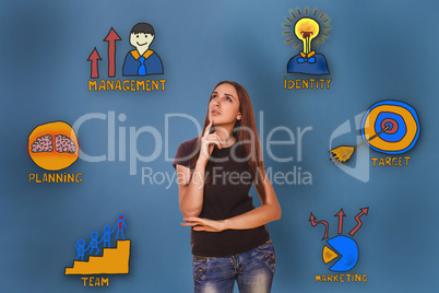 girl in shirt and jeans looking up thoughtfully collection of bu