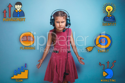 Girl with headphones spreading her arms to the side and frowned