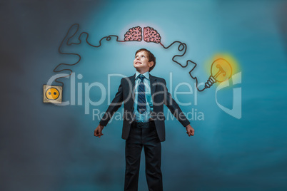 Teenage boy in suit businessman is happy and smiling with happin