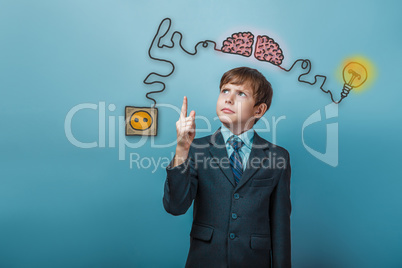 Teenage boy in suit raised his index finger up charging cord plu