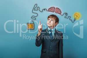 Teenage boy in suit raised his index finger up charging cord plu